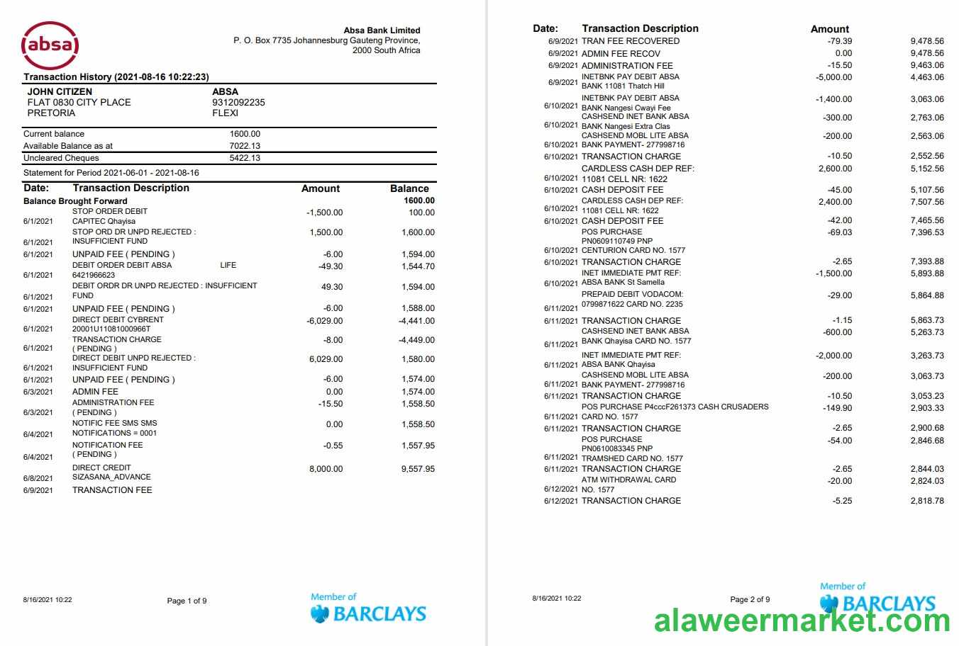 South Africa ABSA 9 pages excel pdf